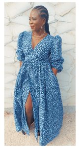 sky blue wrap maxi dress, v-neckline and a front opening